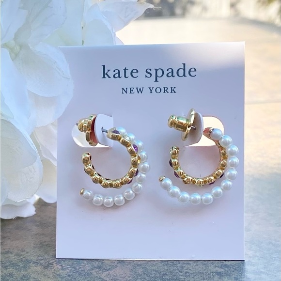 NWT KATE SPADE ♠️ PEARL CAVIAR DOUBLE HUGGIES EARRINGS - Picture 4 of 9